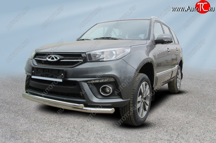 9 899 р. Защита переднего бампера Slitkoff (Ø 57+Ø 42) Chery Tiggo 3 (2014-2020) (Цвет: серебристый)  с доставкой в г. Самара