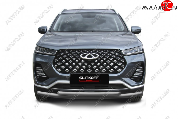 9 899 р. Защита переднего бампера Slitkoff (Ø 57+Ø 42 мм). Chery Tiggo 7 PRO (2019-2025) (Цвет: серебристый)  с доставкой в г. Самара