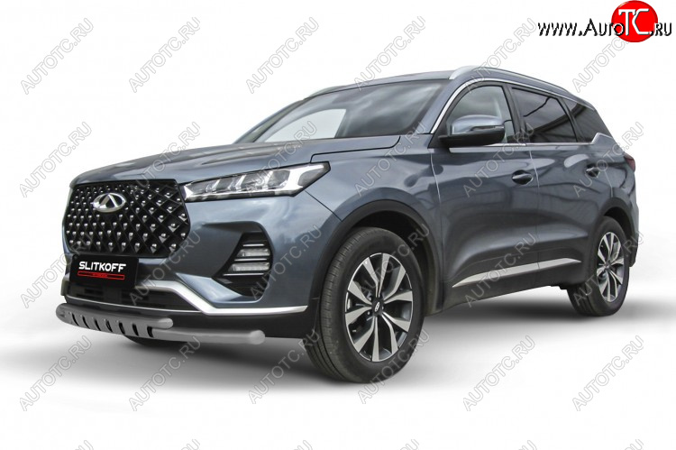 11 999 р. Защита переднего бампера Slitkoff (Ø 57+Ø 42 мм). Chery Tiggo 7 PRO (2019-2025) (Цвет: серебристый)  с доставкой в г. Самара