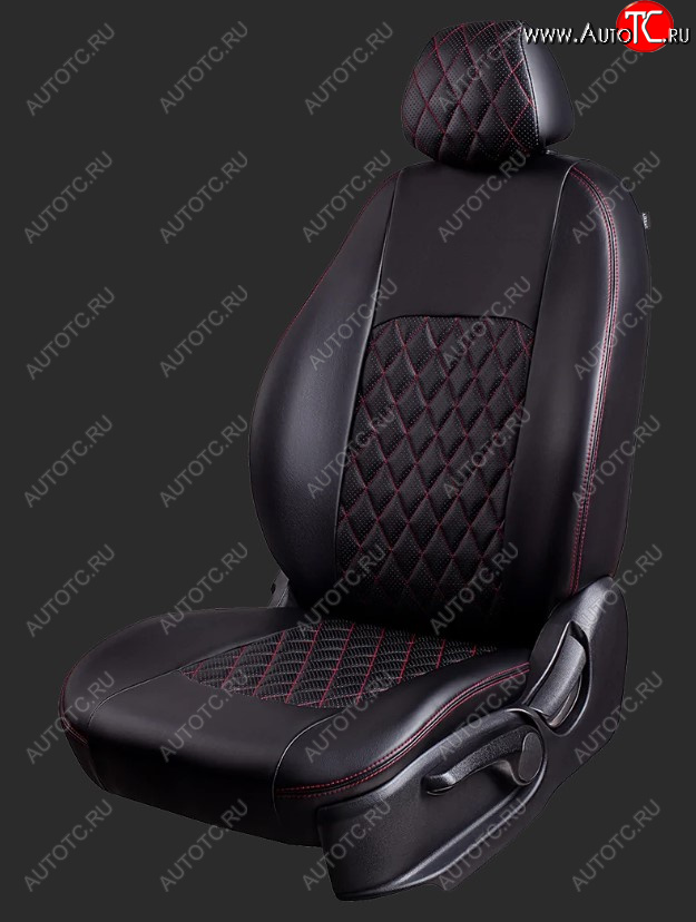 7 199 р. Чехлы для сидений Lord Autofashion Турин Ромб (экокожа, спинка 60/40, 3 Г-образных подголовника) Ford Fiesta 6 хэтчбэк 5 дв. рестайлинг (2012-2019) (Черный, вставка черная, строчка красная)  с доставкой в г. Самара