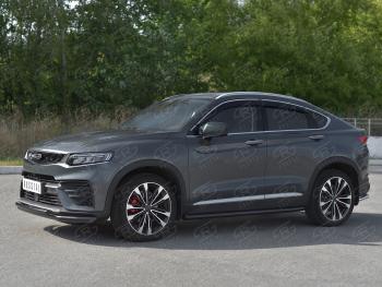 13 999 р. Защита переднего бампера (Ø57/Ø42) SLITKOFF Geely Tugella FY11,HPBA4 дорестайлинг (2019-2023) (нержавейка с полимерным покрытием, черный)  с доставкой в г. Самара. Увеличить фотографию 2