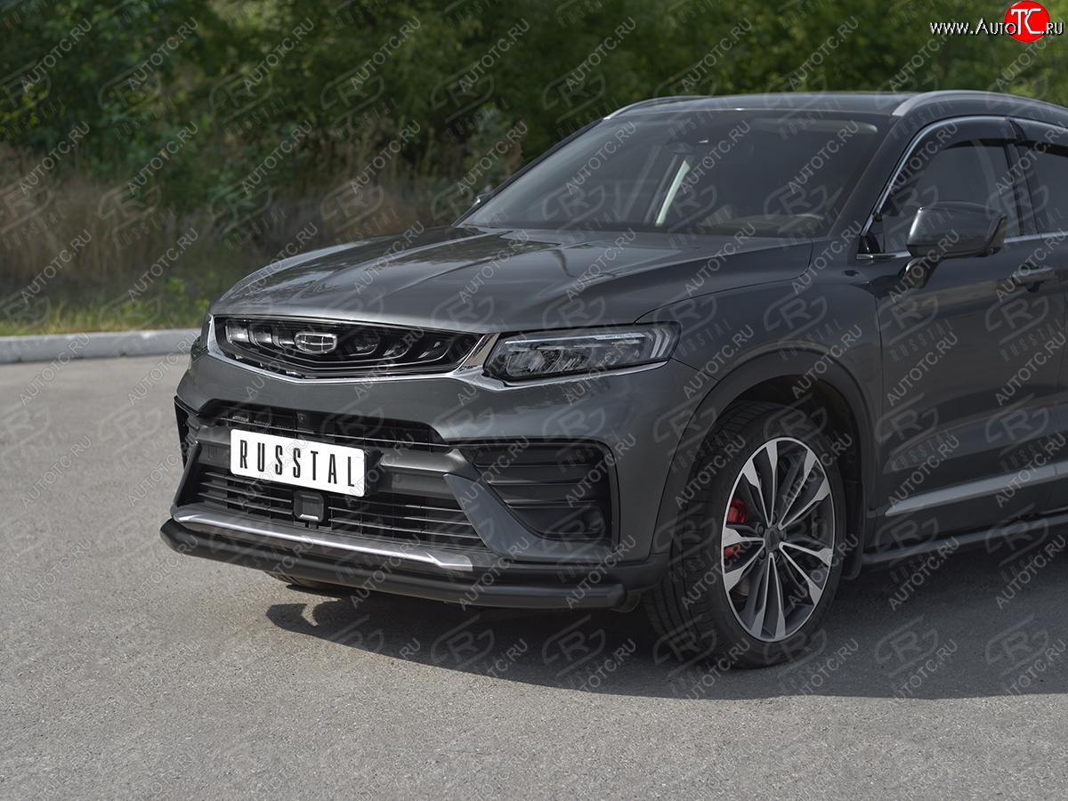 9 399 р. Защита переднего бампера (Ø57 мм) SLITKOFF Geely Tugella FY11,HPBA4 дорестайлинг (2019-2023) (нержавейка с полимерным покрытием, черный)  с доставкой в г. Самара