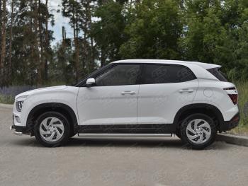 16 449 р. Защита порогов (Ø63 мм, нержавейка) SLITKOFF Hyundai Creta SU (2020-2022) (торцы с пластиковыми заглушками, , полированная нержавейка)  с доставкой в г. Самара. Увеличить фотографию 2
