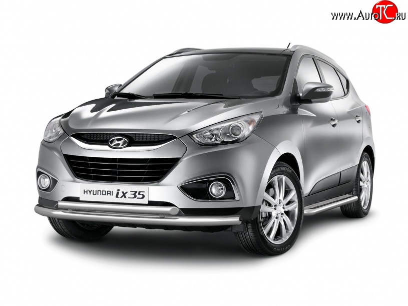 11 899 р. Двойная защита переднего бампера из труб диаметром 63 и 51 мм Petroil Tuning Hyundai IX35 LM рестайлинг (2013-2018) (Нержавеющая полированная сталь)  с доставкой в г. Самара
