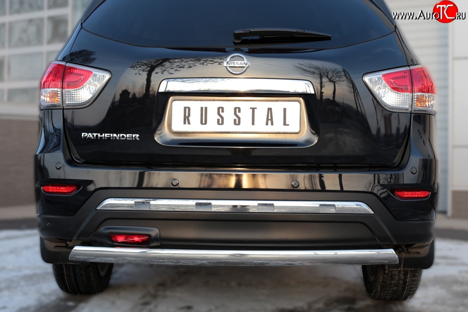 11 599 р. Защита заднего бампера (Ø75x42 мм, нержавейка) Russtal Nissan Pathfinder R52 дорестайлинг (2012-2017)  с доставкой в г. Самара