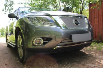 5 549 р. Защитная сетка в бампер (низ, 2 части, ячейка 4х10 мм) Стрелка11 Премиум Nissan Pathfinder R52 дорестайлинг (2012-2017) (Хром)  с доставкой в г. Самара. Увеличить фотографию 2