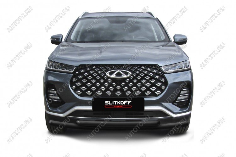 13 899 р. Защита переднего бампера d57 + d42 Slitkoff Chery Tiggo 7 PRO (2019-2025) (нержавейка с полимерным покрытием в цвет черный)  с доставкой в г. Самара