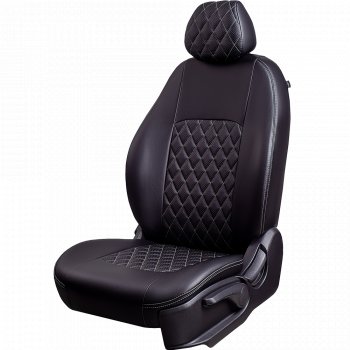 Чехлы для сидений Lord Autofashion Турин Ромб (экокожа, спинка и сиденье 60/40, 2 Г-образных подголовника) Skoda Fabia Mk2 хэтчбэк рестайлинг (2010-2014) (Черный, вставка черная, строчка серая)