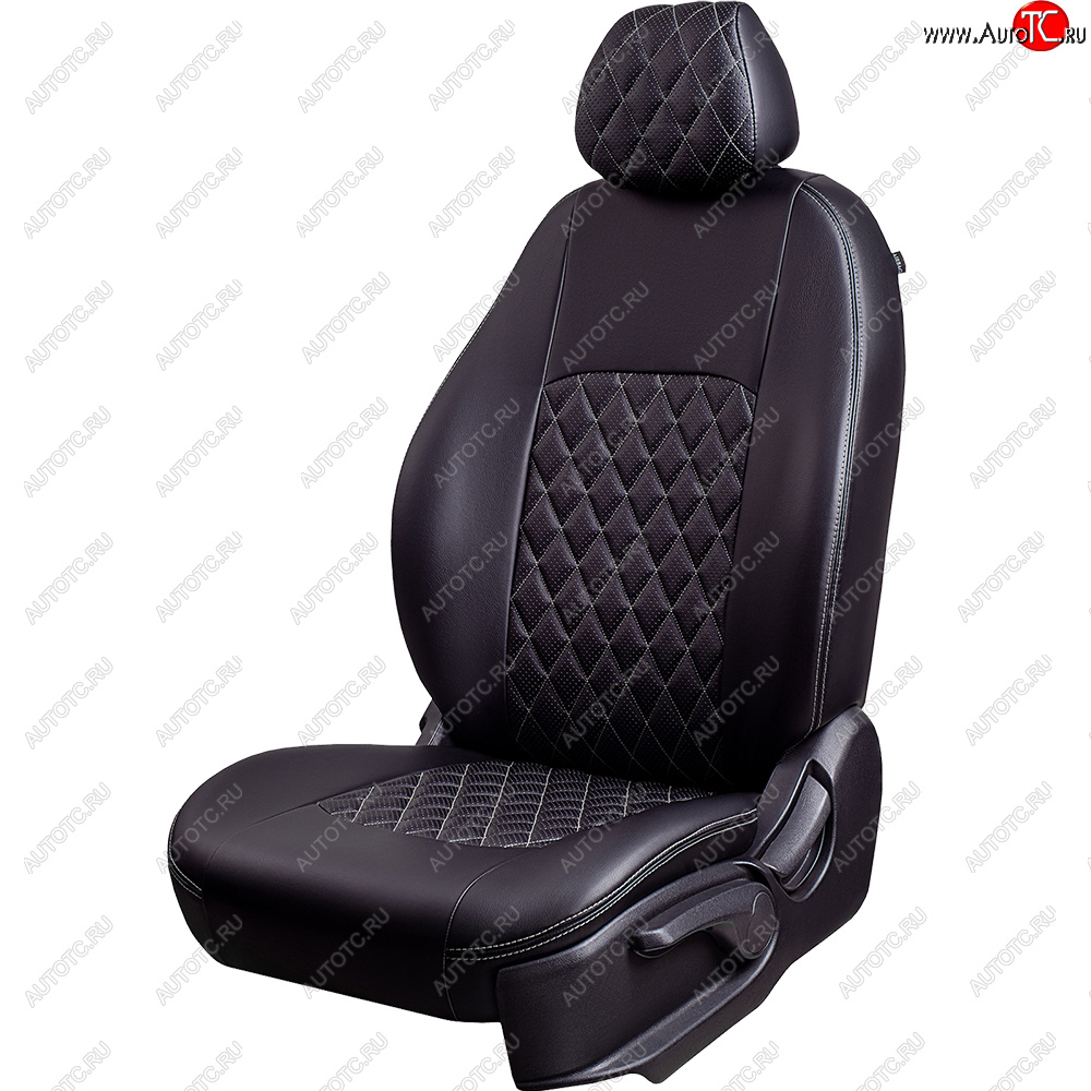 7 199 р. Чехлы для сидений Lord Autofashion Турин Ромб (экокожа, спинка и сиденье 60/40, 2 Г-образных подголовника) Skoda Fabia Mk2 хэтчбэк дорестайлинг (2007-2010) (Черный, вставка черная, строчка серая)  с доставкой в г. Самара
