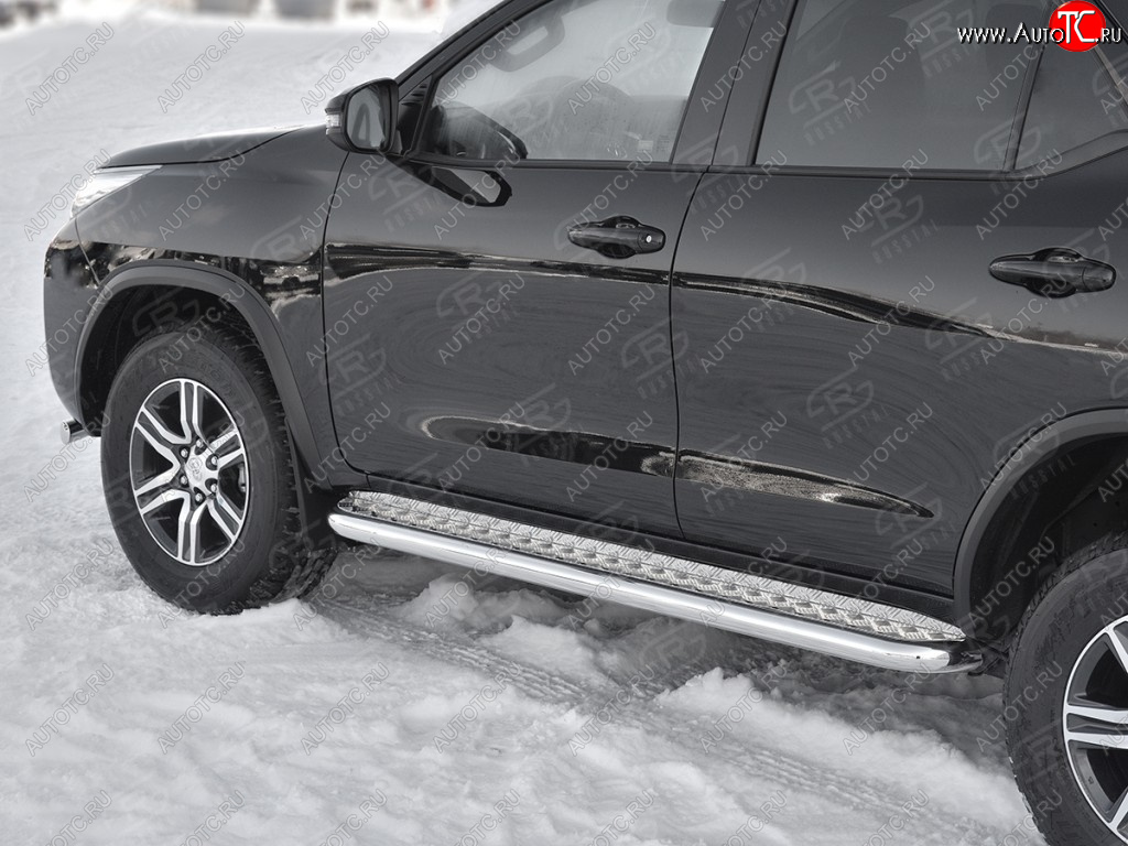 32 849 р. Защита порогов (труба d63 мм с листом) SLITKOFF Toyota Fortuner AN160 дорестайлинг (2015-2020) (Лист алюминий/профиль нержавейка)  с доставкой в г. Самара