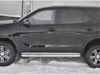 32 849 р. Защита порогов (труба d63 мм с листом) SLITKOFF Toyota Fortuner AN160 дорестайлинг (2015-2020) (Лист алюминий/профиль нержавейка)  с доставкой в г. Самара. Увеличить фотографию 2