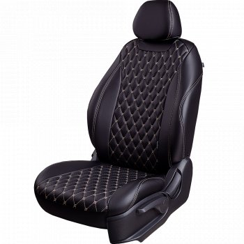 13 949 р. Чехлы для сидений Lord Autofashion Байрон (экокожа, 60/40, подлокотник, 3 Г-образных подголовника) Volkswagen Jetta A6 седан рестайлинг (2015-2018) (Черный, вставка черная, строчка бежевая)  с доставкой в г. Самара. Увеличить фотографию 2