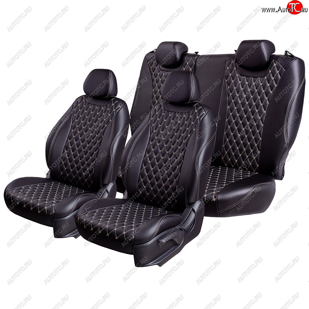13 949 р. Чехлы для сидений Lord Autofashion Байрон (экокожа, 60/40, подлокотник, 3 Г-образных подголовника) Volkswagen Jetta A6 седан рестайлинг (2015-2018) (Черный, вставка черная, строчка бежевая)  с доставкой в г. Самара