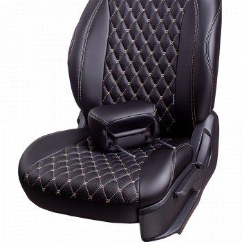 13 949 р. Чехлы для сидений Lord Autofashion Байрон (экокожа, 60/40, подлокотник, 3 Г-образных подголовника) Volkswagen Jetta A6 седан рестайлинг (2015-2018) (Черный, вставка черная, строчка бежевая)  с доставкой в г. Самара. Увеличить фотографию 4